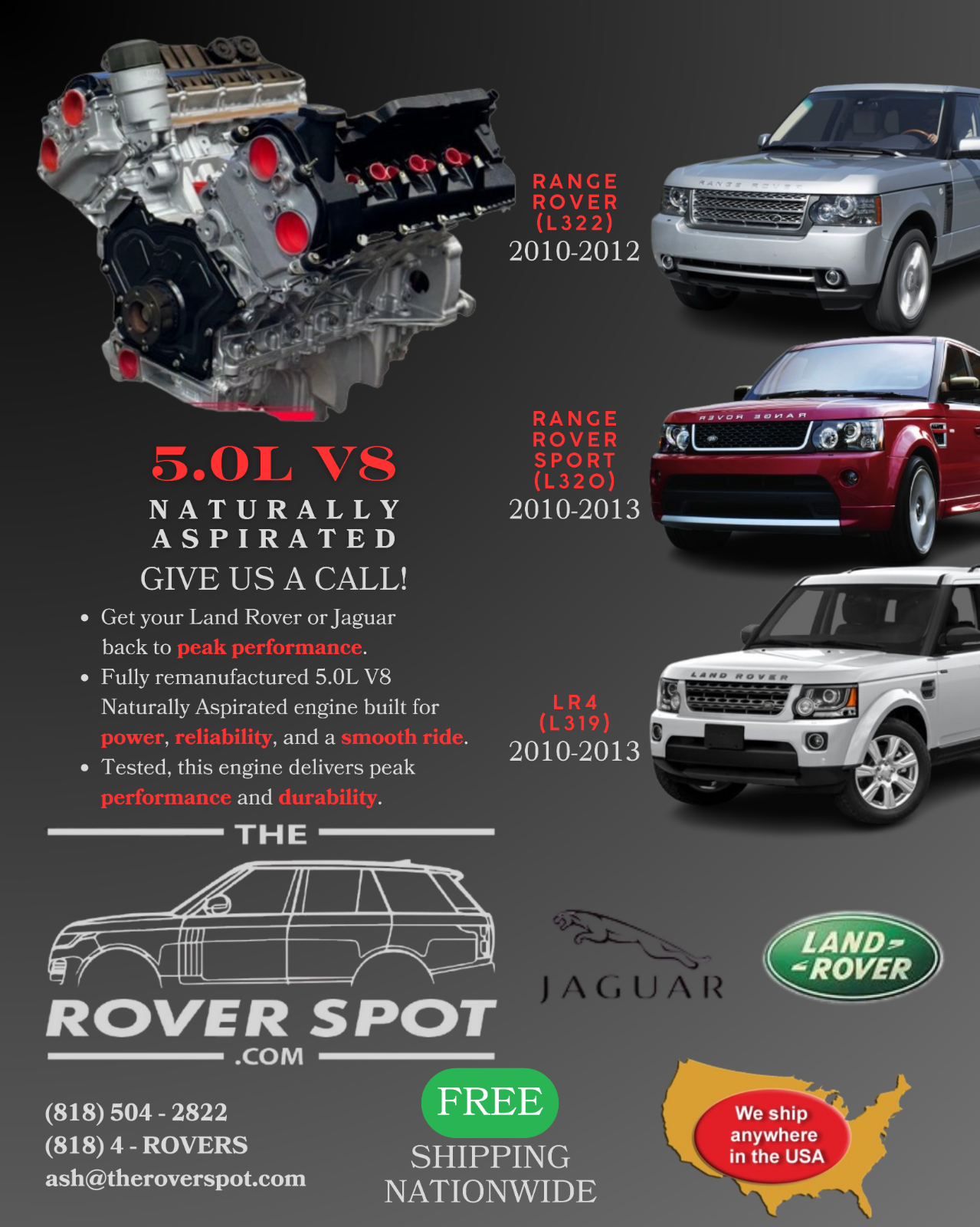 2010 2011 2012 2013 Land Rover LR4 5.0 V8 N/A Remanufactured Engine – OEM LR079064
